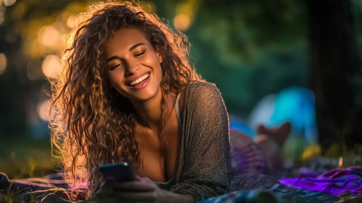 Young woman testing muah ai review app on her smartphone