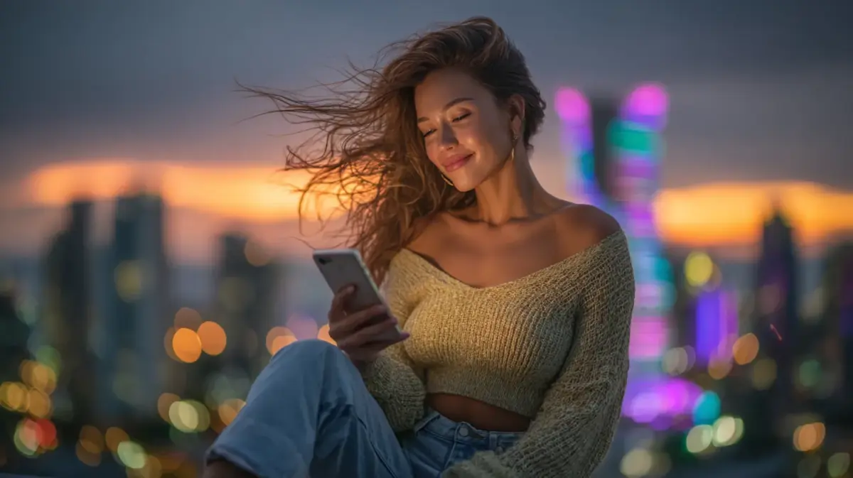 Young woman testing girlfriend gpt review app on her smartphone